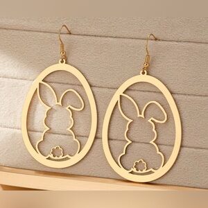 Gold Tone Bunny Sitting In Egg Silhouette Drop Earrings